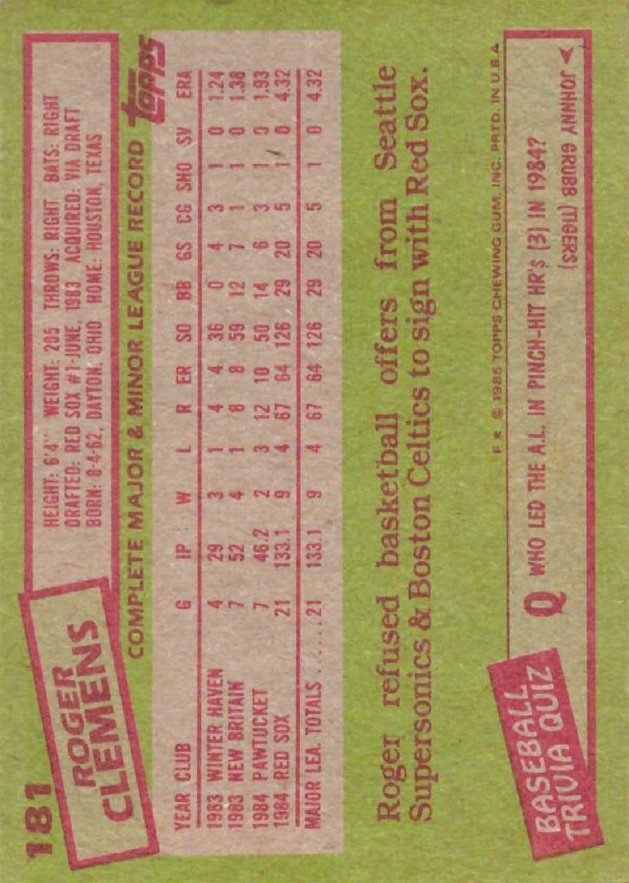 1985 Topps #181 Roger Clemens (back)