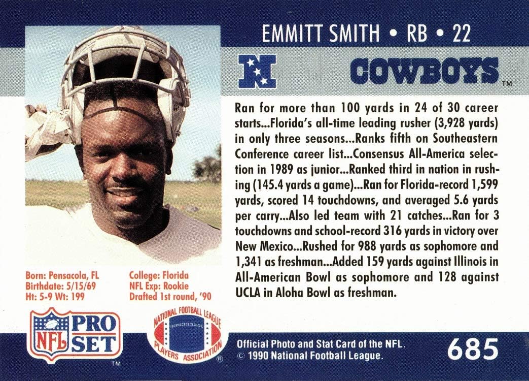 1990 Pro Set #685 Emmitt Smith (back)