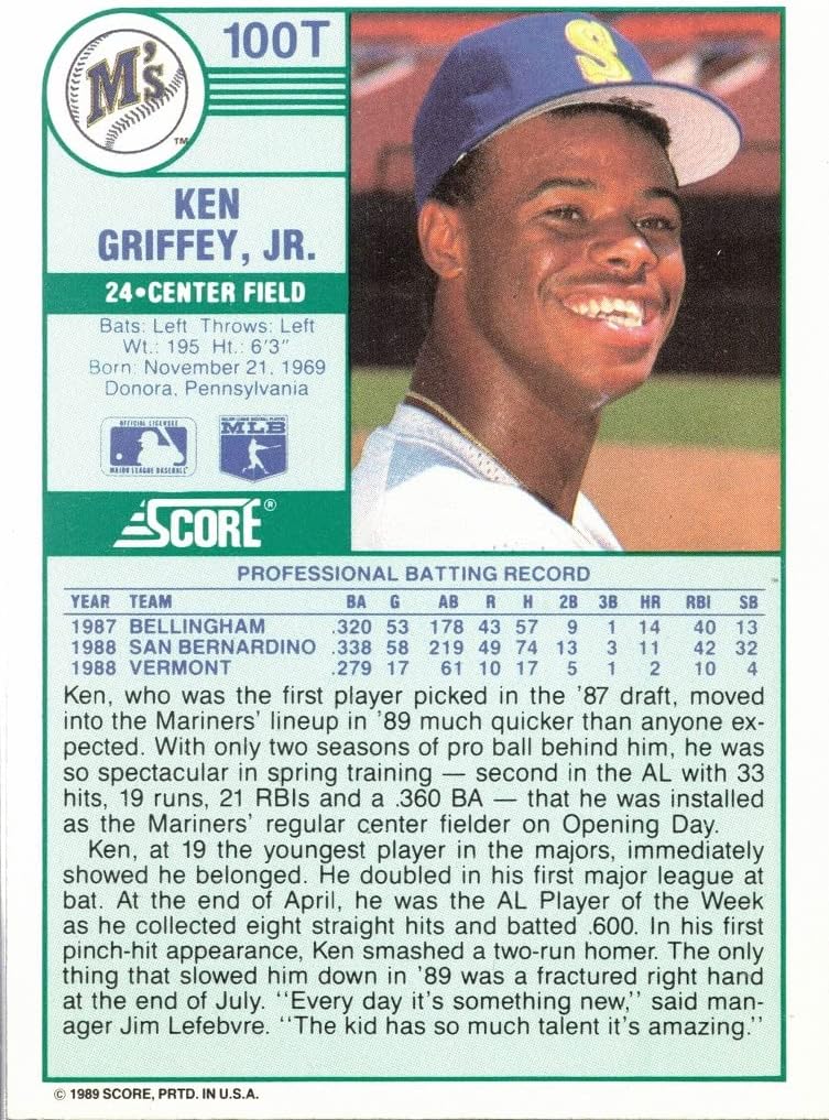 1989 Score Traded #100T Ken Griffey Jr. (back)