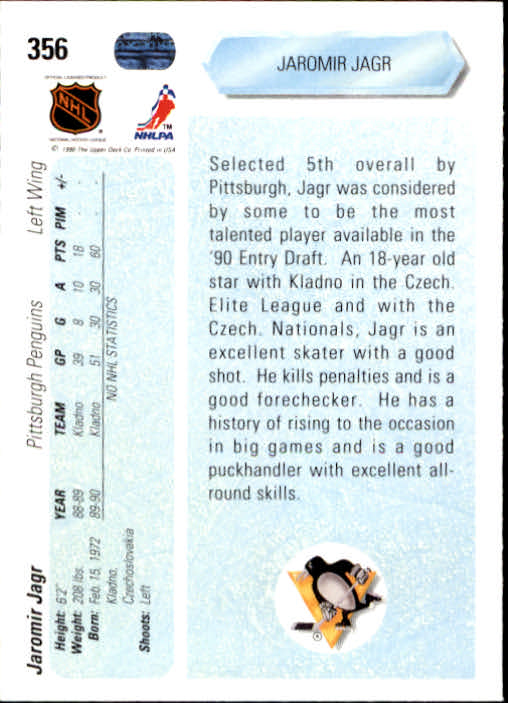 1990 Upper Deck #356 Jaromír Jágr (back)