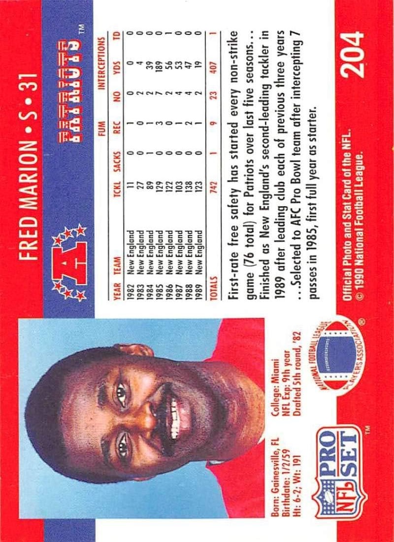 1990 Pro Set #204 Fred Marion (Belt Error) (back)