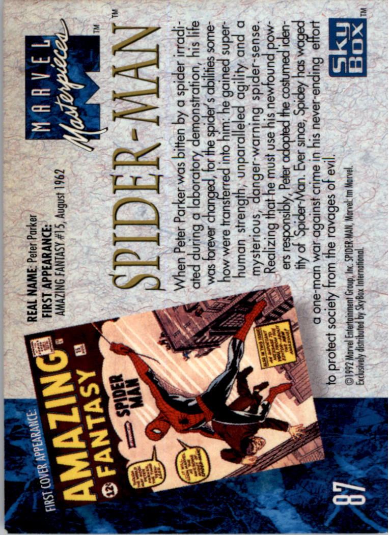 1992 SkyBox Marvel Masterpieces #87 Spider-Man (back)