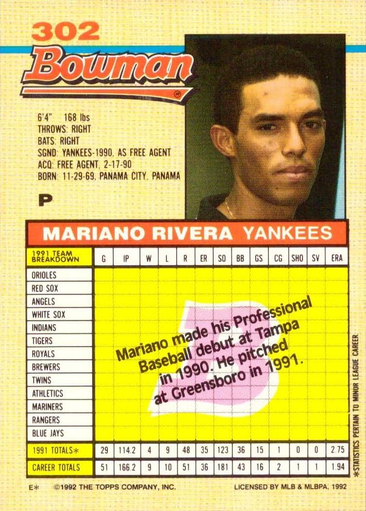 1992 Bowman #302 Mariano Rivera (back)
