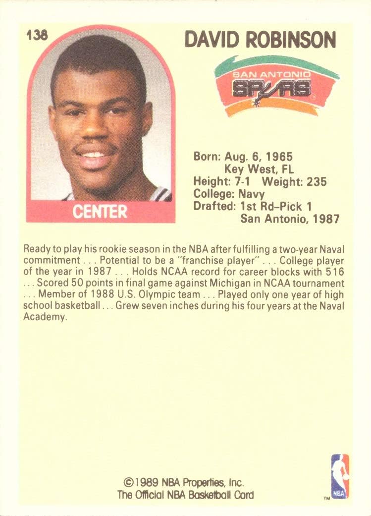 1989 NBA Hoops #138 David Robinson (Rookie) (back)
