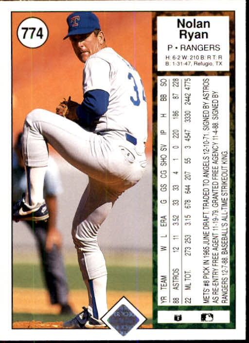 1989 Upper Deck #774 Nolan Ryan (Throwing Football) (back)