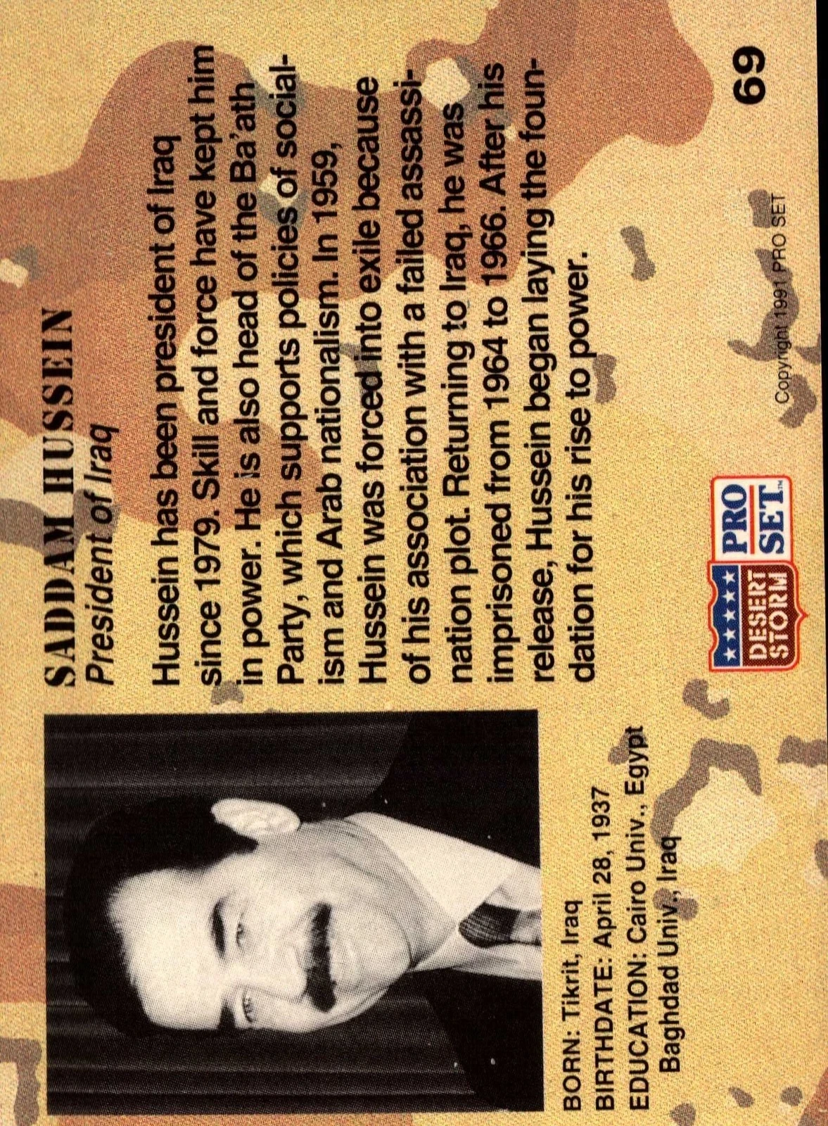 1991 Pro Set #69 Saddam Hussein (Desert Storm) (back)