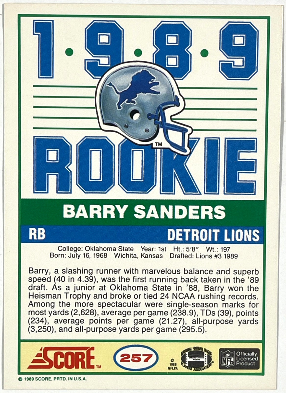 1989 Score #257 Barry Sanders (back)