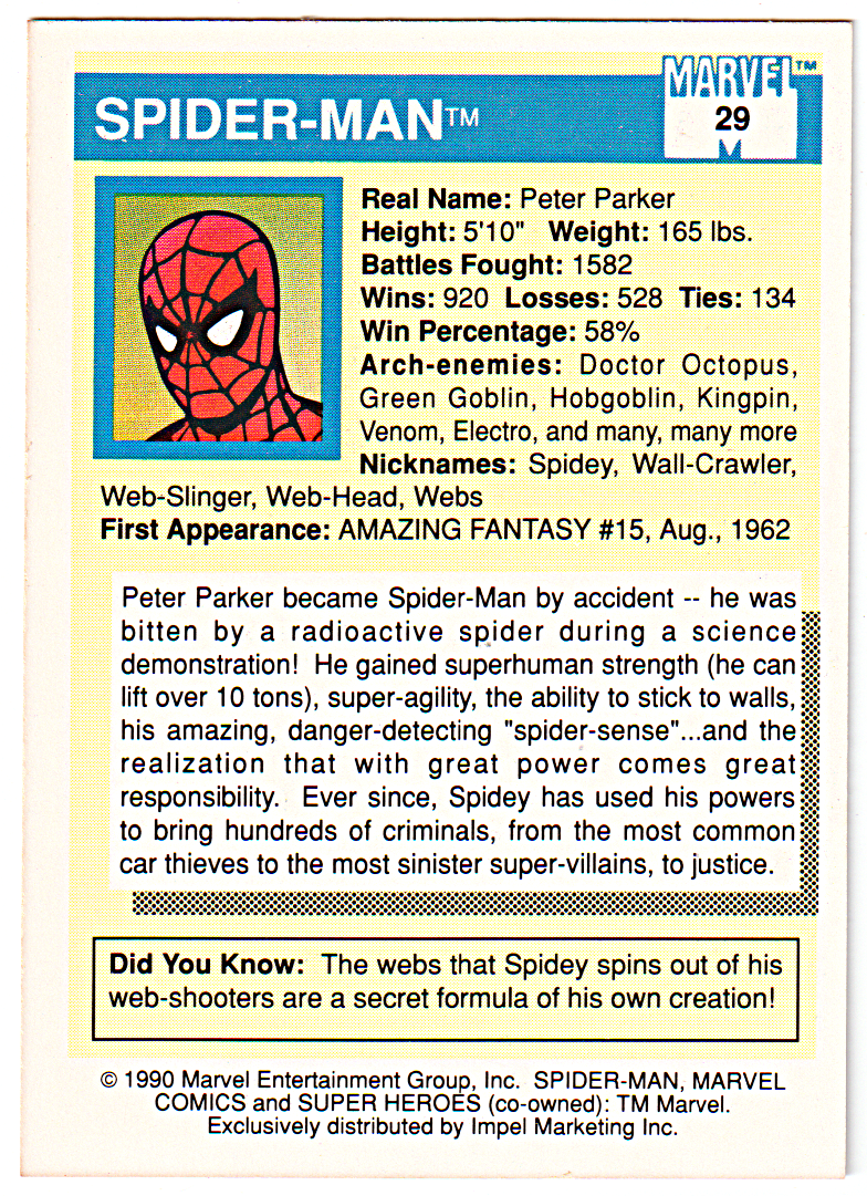 1990 Impel #29 Spider-Man (back)