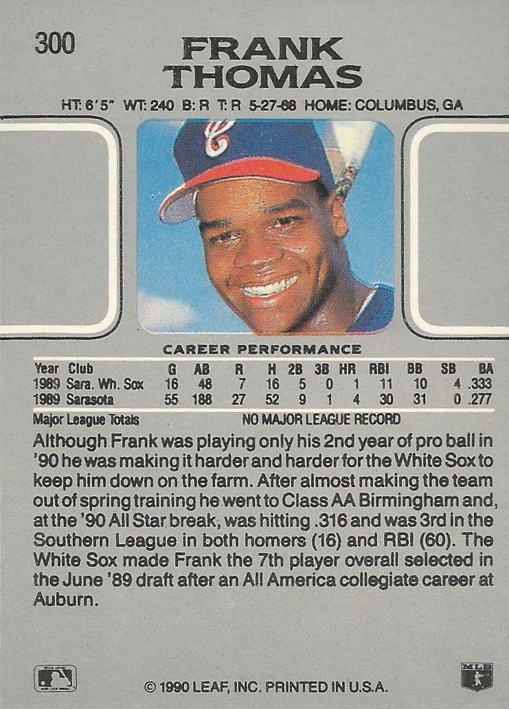 1990 Leaf #300 Frank Thomas (back)