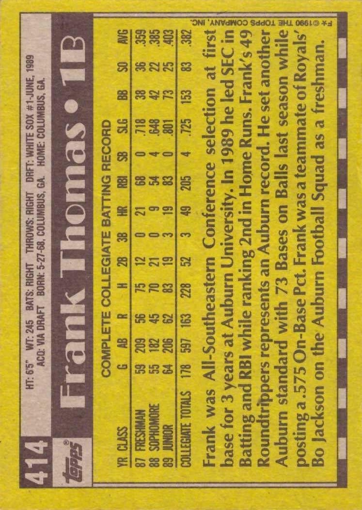 1990 Topps #414 Frank Thomas (No Name on Front (NNOF)) (back)
